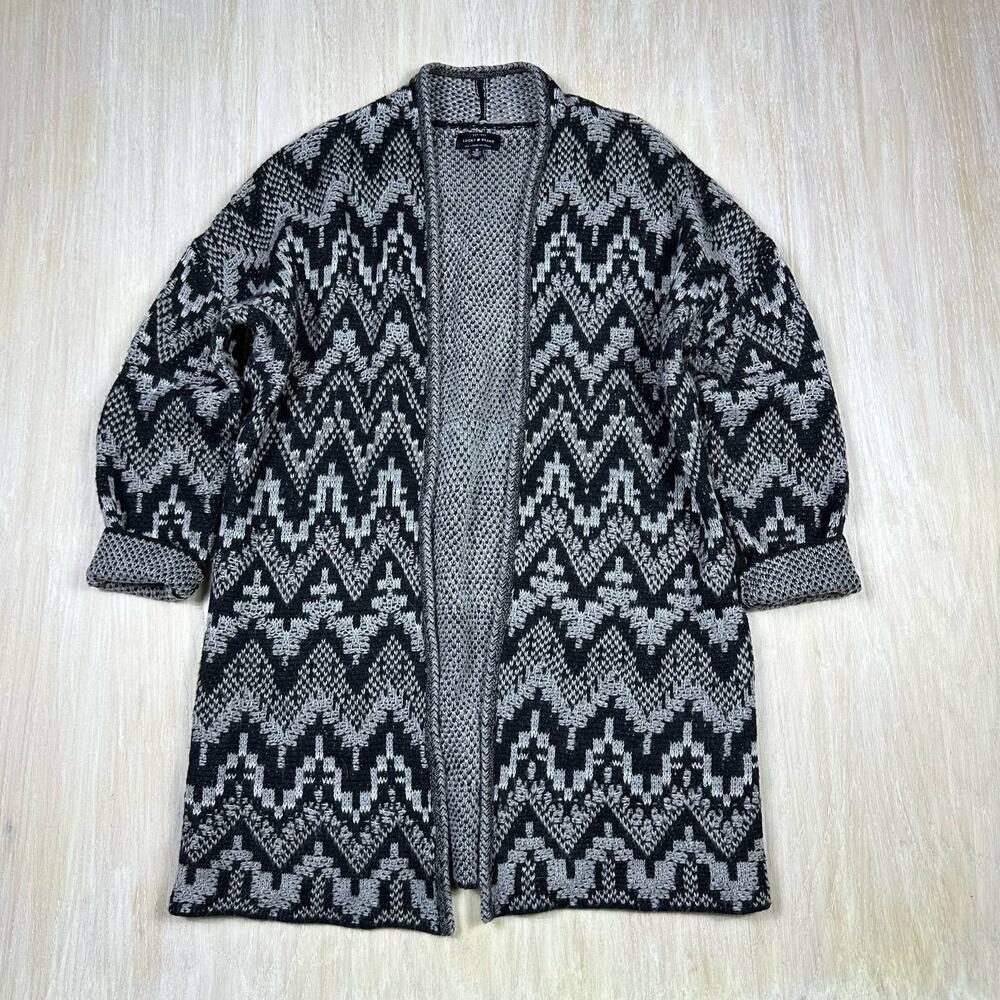 Lucky Brand Gray Black Ikat Stitch Long Sleeve Open Front Cozy Cardigan Medium